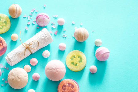 composition with spa items on a colored background, body care conceptの写真素材