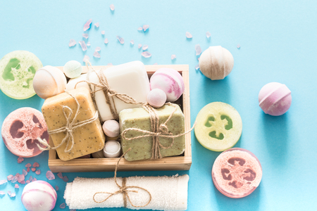 composition with spa items on a colored background, body care conceptの写真素材