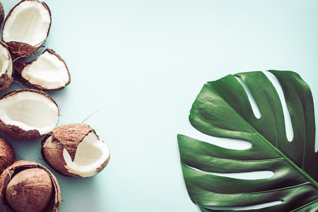 Fresh coconut halves with tropical leaves on blue background. Flatの写真素材