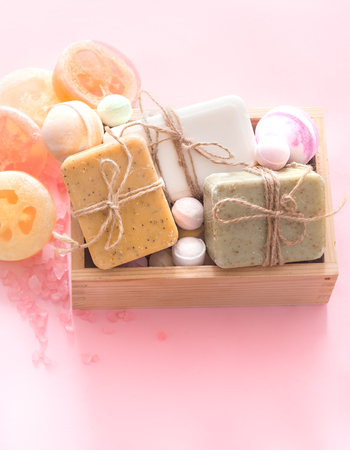 composition with spa items on a colored background, body care conceptの写真素材