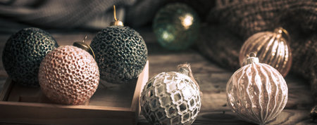 Christmas or New Year festive background, vintage toys on the Christmas tree on a wooden background...