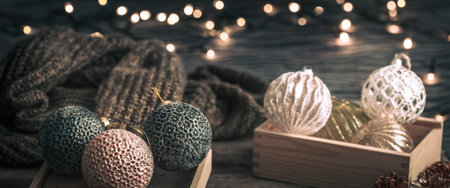 Christmas or New Year festive background, vintage toys on the Christmas tree on a wooden background...