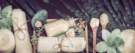 Spa composition on a dark background in a wooden box with a tropical leaf, Spa and body care conceptの写真素材