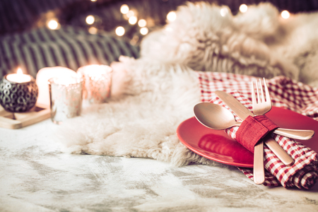 Valentine's Day, festive dinner on a wooden background cutlery in a cozy homely atmosphereの写真素材