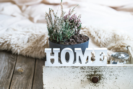 Cozy home composition on wooden background, home decor conceptの写真素材