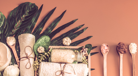 Spa composition with a variety of body care items on a colored background in a wooden box with a tropical leaf, Spa and body care conceptの写真素材