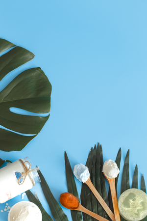 Composition of spa items on a color blue background with a tropical leaf, the concept of body care and spa treatmentsの写真素材