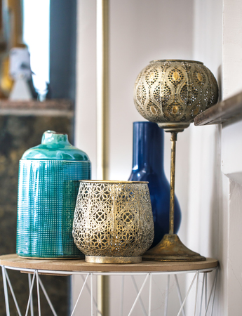 Colored vases in the interior of the cafe. East style. Comfort and Styleの写真素材