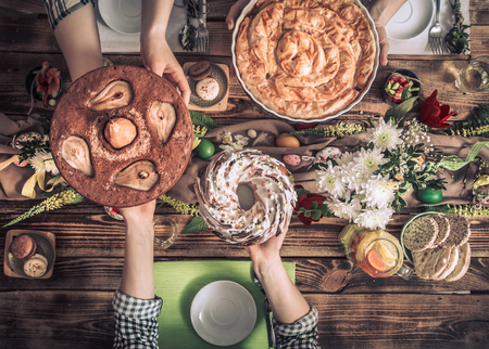 Home Celebration of friends or family at the festive table with pear cake, top view, celebration Conceptの写真素材