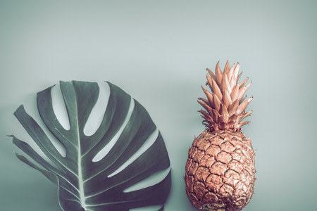 Summer tropical background with Golden pineapple and tropical leaf on blue pastel background, summer creativity and style conceptの写真素材
