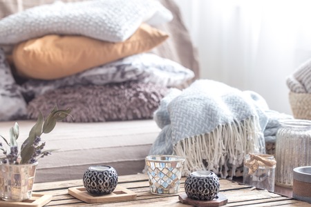still life with home decor elements on the table in the living room . Home style and comfortの写真素材