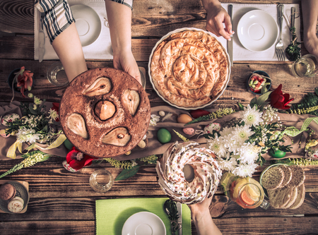Home Celebration of friends or family at the festive table with pear cake, top view, celebration Conceptの写真素材