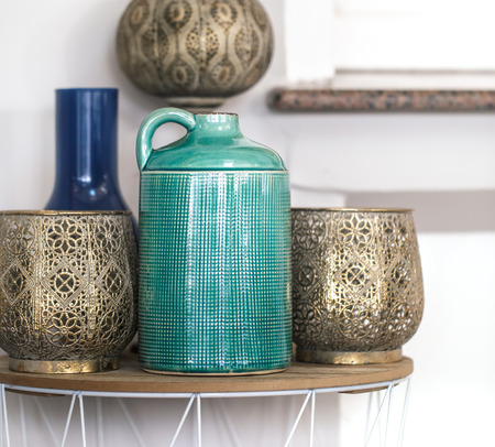 Colored vases in the interior of the cafe. East style. Comfort and Styleの写真素材