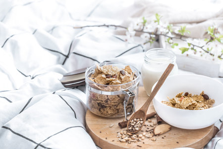 still life with a beautiful healthy Breakfast in bed , a cozy morning, healthy food.の写真素材