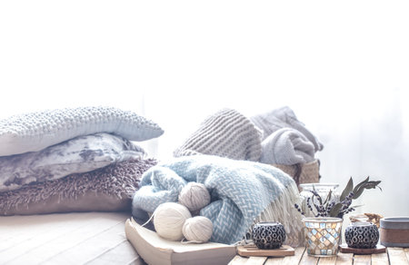 still life with home decor elements on the table in the living room . Home style and comfortの写真素材