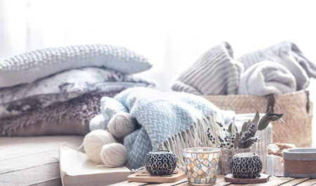 still life with home decor elements on the table in the living room . Home style and comfortの写真素材