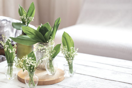 White spring flowers snowdrops in vintage glass bottles on white barn wall background, cottage...