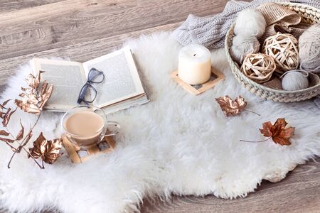 Cozy Autumn and winter home still life . The view from the top. The concept of home atmosphere and decor.の写真素材