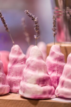 Shop natural cosmetics, bright salt bombs for baths handmade. The concept of eco cosmetics and body careの写真素材