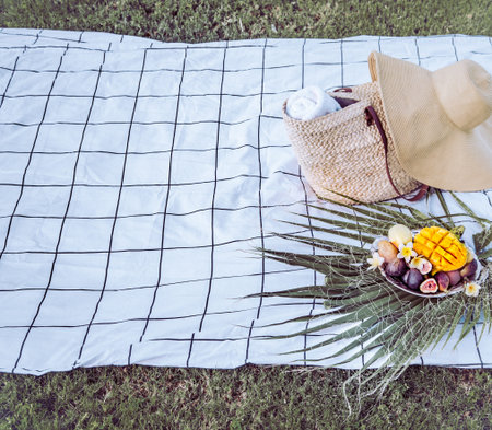 Summer picnic with a plate of tropical fruits . With a stylish wicker bag and a large beach hat . Place for text . The view from the top .の写真素材