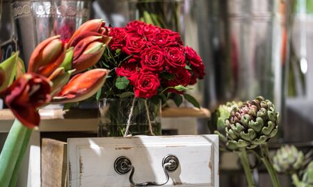 Luxury bouquet made of red roses in flower shop Valentines Bouquet of red rosesの写真素材