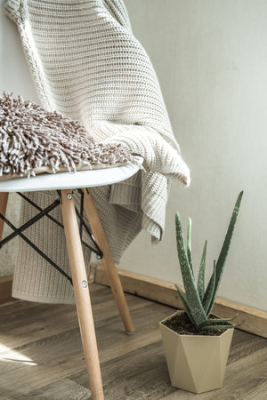 home chair with a beautiful flowerpot and decorative items . The concept of home comfort.の写真素材