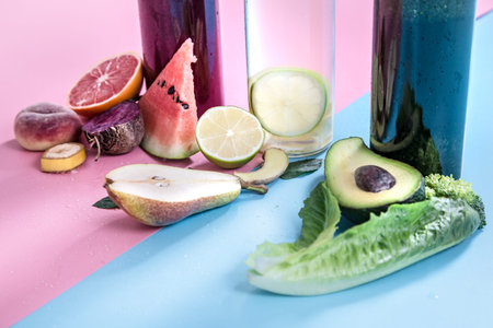 Glass bottles with natural detox drinks and a variety of fruits and vegetables on a colored...