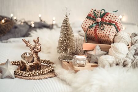 Christmas still life background with festive decor, in a cozy home atmosphere . The concept of celebrating New year and Christmas.の写真素材