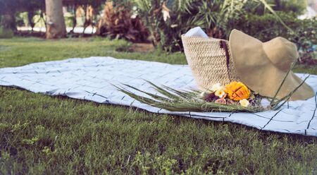 Summer picnic with a plate of tropical fruits . With a stylish wicker bag and a large beach hat . Summer time concept of healthy eating.の写真素材