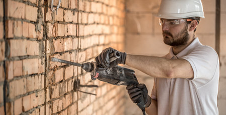 Handyman uses jackhammer, for installation, professional worker on the construction site. The...