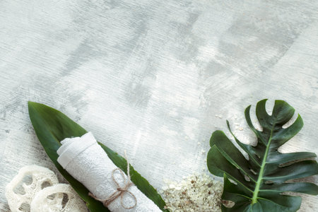Spa composition with body care items and plants on a light background. The view from the top.