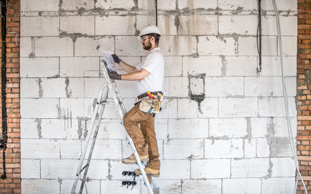 Electrician with construction tools, looking at drawings on the construction site.Repair and...