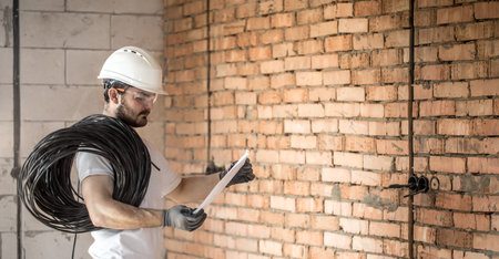 Electrician with construction tools, looking at drawings on the construction site.Repair and...