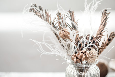 Still life beautiful vase with dried flowers . The concept of comfort and home decor. Close up....