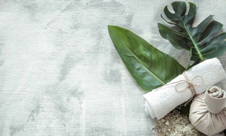 Spa composition with body care items and plants on a light background. The view from the top.の写真素材