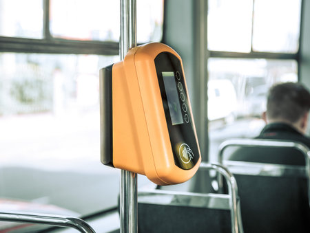 Automatic contactless payment for public transport, close-up. Payment by card, Bank transfer .の写真素材