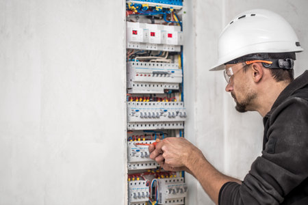 an electrical technician working in a switchboard with fuses. Installation and connection of...