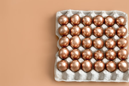 Background with Golden Easter eggs on beige background. The concept of the Easter holiday.