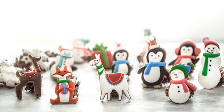 Festive beautiful new Year background with lights and gingerbread. The concept of the celebration.の写真素材