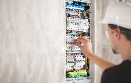Man, an electrical technician working in a switchboard with fuses. Installation and connection of...