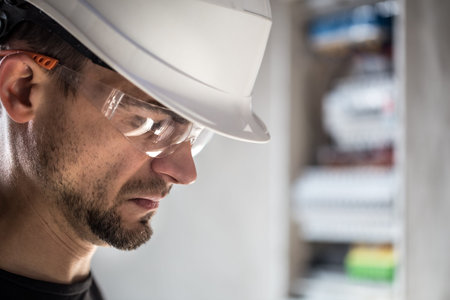 Man, an electrical technician working in a switchboard with fuses. Installation and connection of...