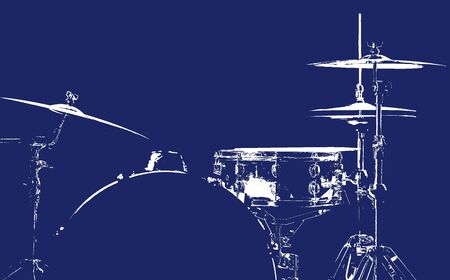 Drum set. White silhouette of the drums. Beautiful blue background. Musical instrument. The concept of music.の写真素材