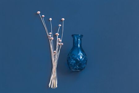 Dried flowers and a vase on a blue background. The concept of minimalism and objects. Trend color.の写真素材