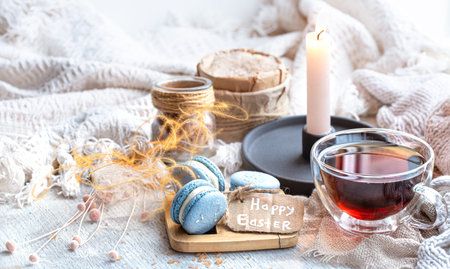 Easter mood, Cozy Easter still life with decor by the window . Morning tea with dessert . The...