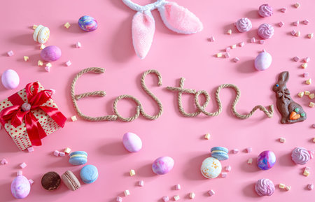 Spring Easter festive background. Creative inscription on a pink background with items of Easter...