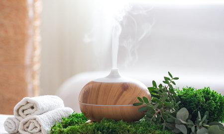 Spa composition with the aroma of a modern oil diffuser with body care products . Twisted white...