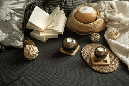 Still life cozy house with decorative details in the interior . Household items and comfort. Candles...