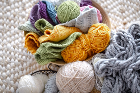 Multicolored balls of thread for knitting in the basket. Concept of Hobbies and crafts .