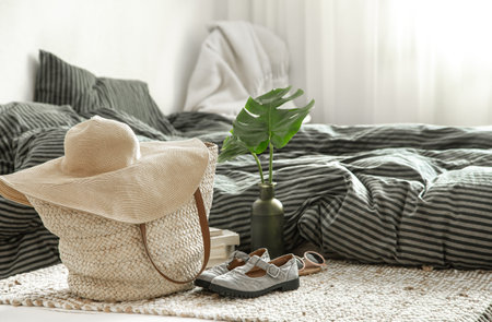 Clothing items in a cozy home interior. Concepts of style and comfort.の写真素材