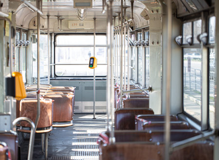 Empty disinfected public transport during the pandemic. Coronavirus.